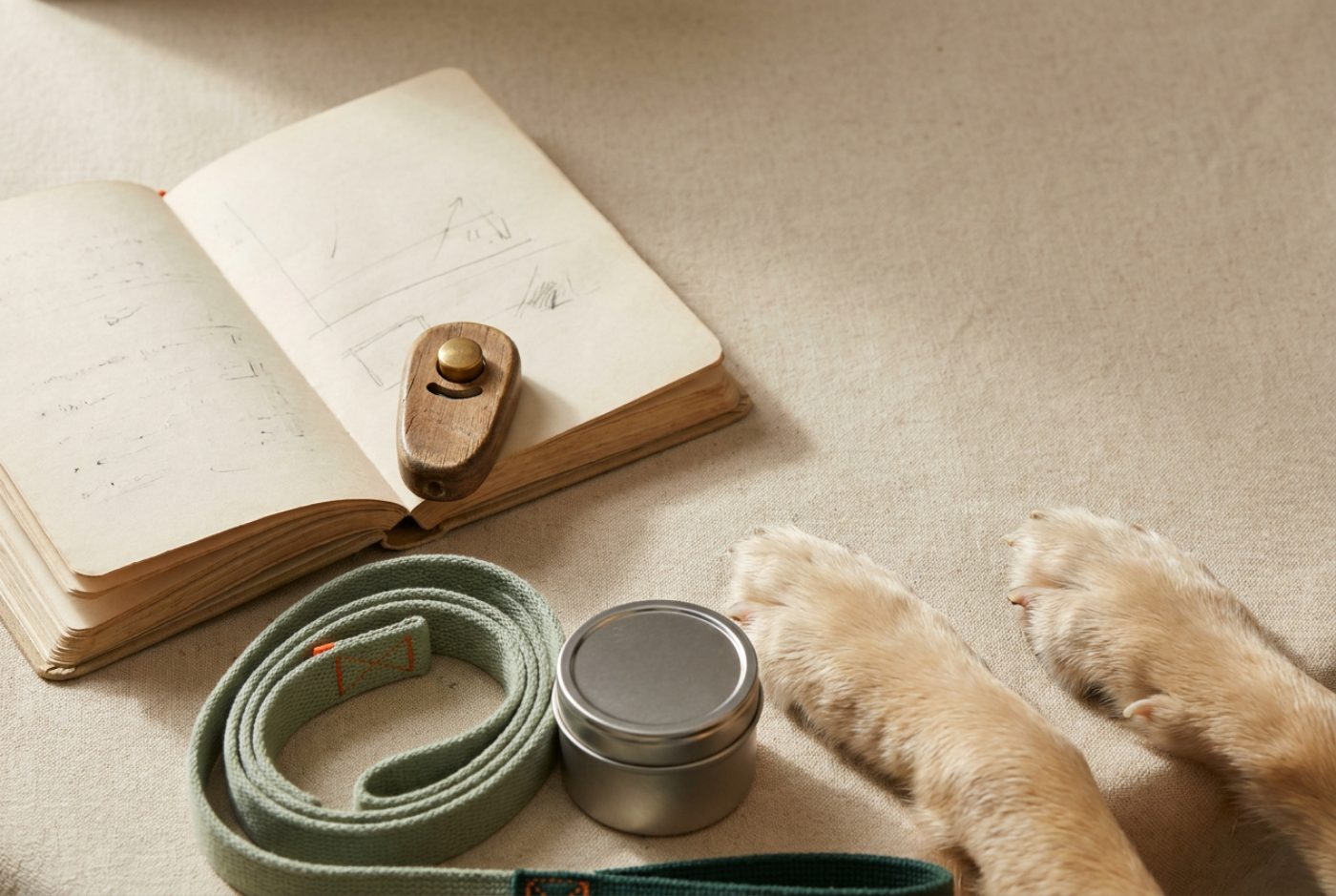 A dog resting near a notebook and training materials