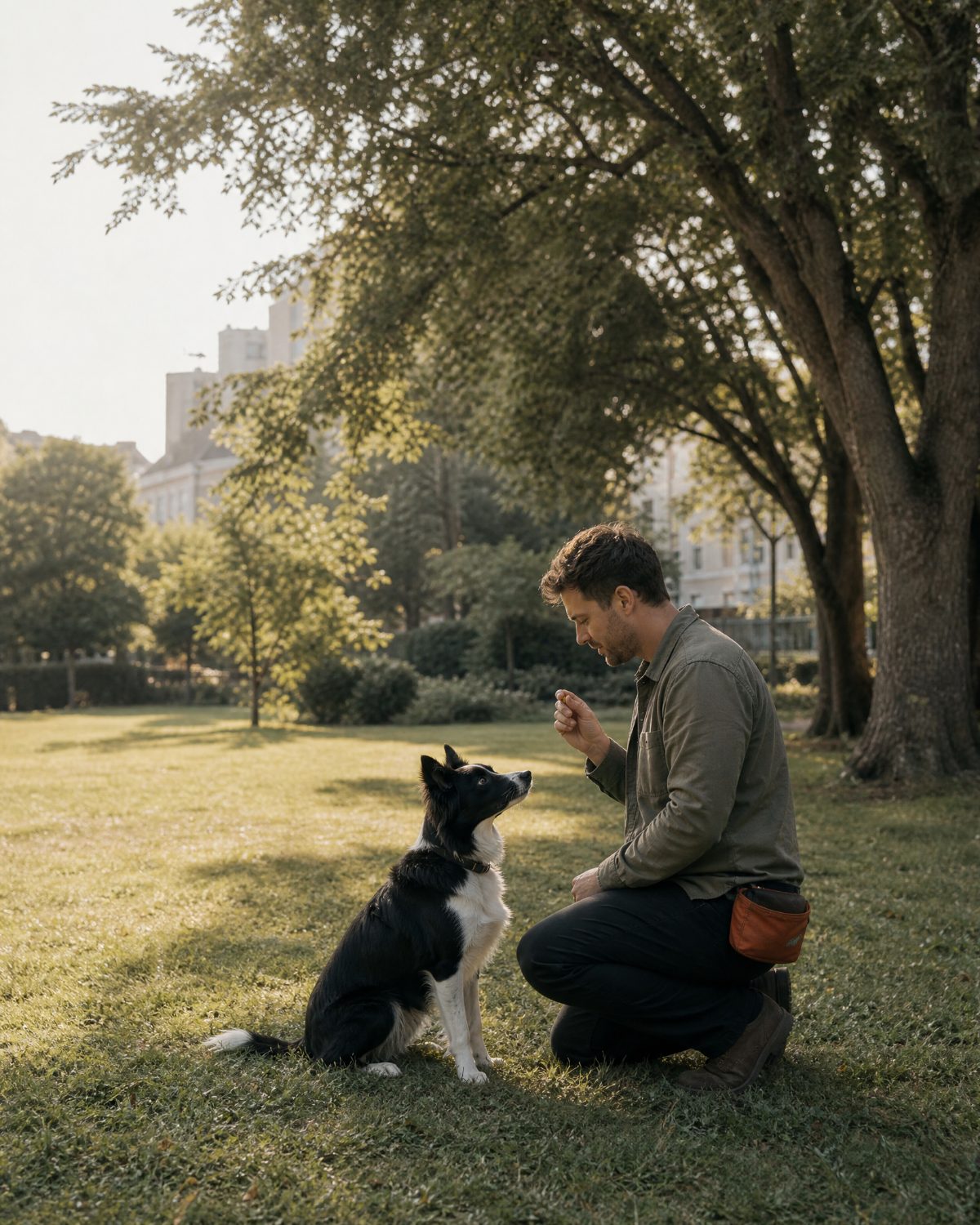 Owner practicing attention with a dog in a park