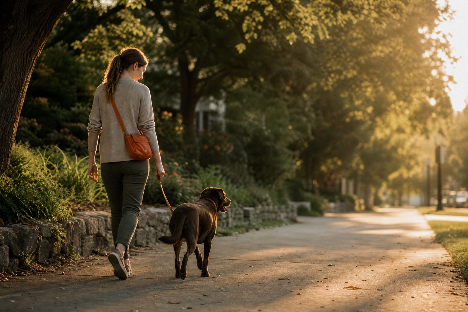 Person walking a dog on a tree-lined path